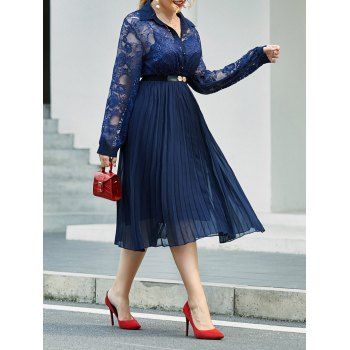 

Plus Size Lace Insert Half Button Pleated Dress, Deep blue