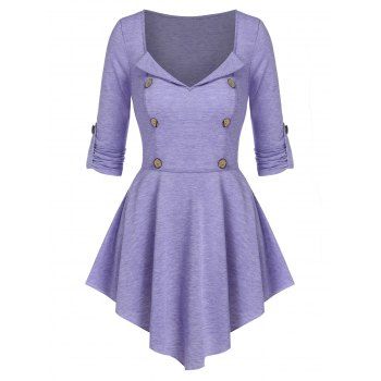 

Mock Button Pointed Hem Heathered T-shirt, Purple