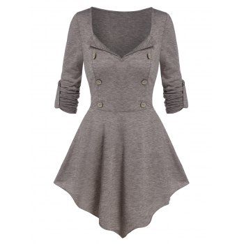 

Mock Button Pointed Hem Heathered T-shirt, Camel brown