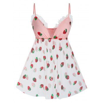 

Plus Size Sequins Strawberry Mesh Babydoll Set, Pig pink