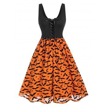 

Halloween Lace-up Grommets Flocking Bat Mesh Overlay Dress, Orange