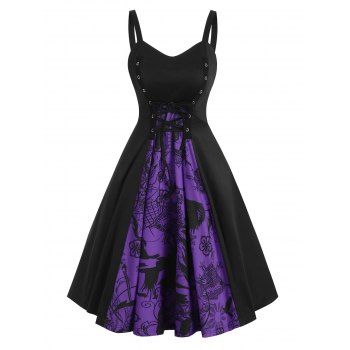 

Grommet Lace-up Halloween Skull A Line Dress, Purple