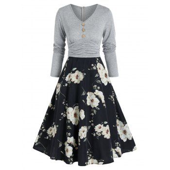 Image of Floral Print Button  In  High Waist A Line Dress
