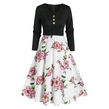 Image of Floral Print Button  In  High Waist A Line Dress