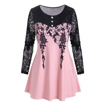 

Plus Size Printed Lace Sleeve T Shirt, Light pink