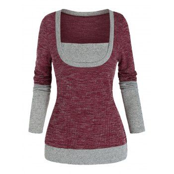 

Contrast Trim Square Neck Knitted Long Sleeve T Shirt, Red wine