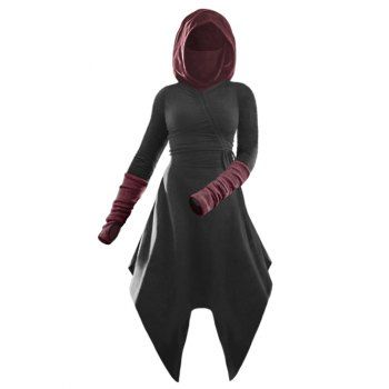 

Hooded Cinched Asymmetrical Thumbhole Contrast Dress, Dark slate grey