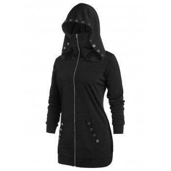 

Plus Size Hooded Grommet Pocket Zipper Up Coat, Black