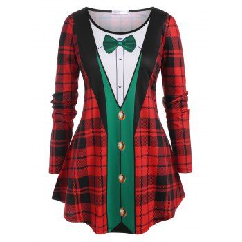 

Plus Size 3D Print Plaid Christmas Tee, Red