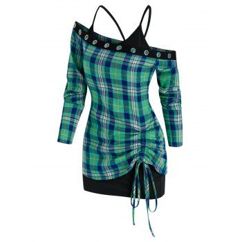 Image of Plaid Print Skew Neck Cinched T-shirt and Cami Top