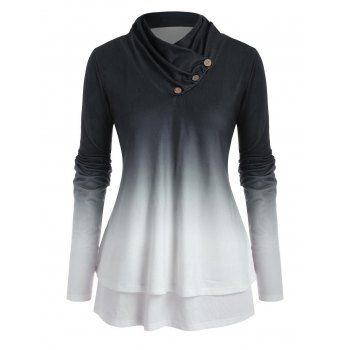 

Plus Size Ombre Cowl Neck Double Layered Long Sleeve Top, Black