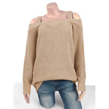 

Plus Size Cold Shoulder Chunky Sweater, Light coffee