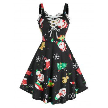 

Christmas Printed Lace Up Dress, Black