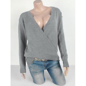 

Plus Size Plunging Neckline Surplice Sweater, Light gray