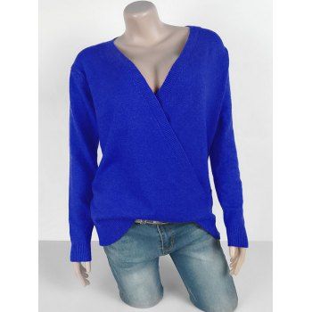 

Plus Size Plunging Neckline Surplice Sweater, Blue