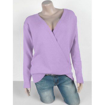 

Plus Size Plunging Neckline Surplice Sweater, Purple