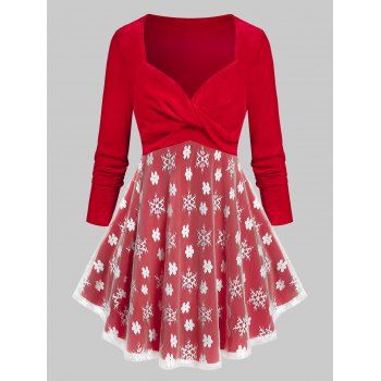 

Plus Size Velvet Lace Flower Snowflake Christmas Tunic Tee, Red