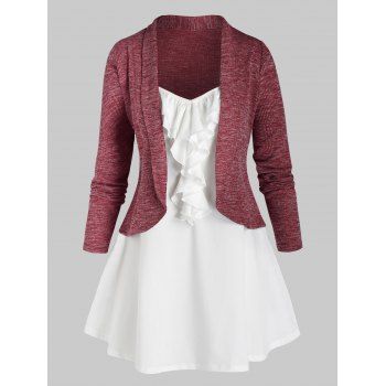 

Plus Size Shawl Collar Cardigan and Jabot Cami Top Set, Red wine