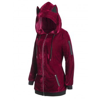 

Plus Size Hooded Velvet Zip Pocket Tunic Coat, Deep red