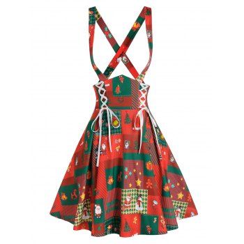 

Lace Up Christmas Printed Suspender Skirt, Red