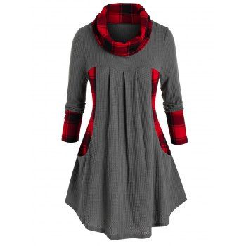 

Plus Size Plaid Cowl Neck Pocket Knit Sweater, Gray