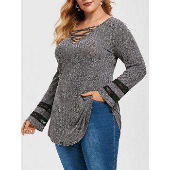 Image of Plus Size Crisscross Lace Insert Heathered Knitwear
