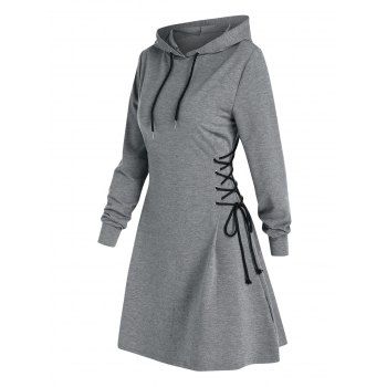 

Plain Lace Up Drawstring Hooded Dress, Dark gray