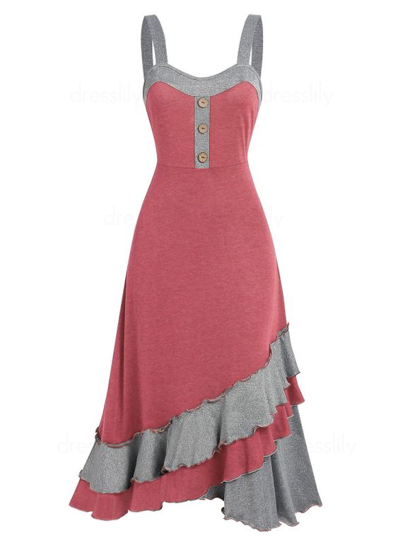 Robe d'Eté Mi-Mollet à Bretelle Superposée en Blocs de Couleurs à Volants - Corail Léger S