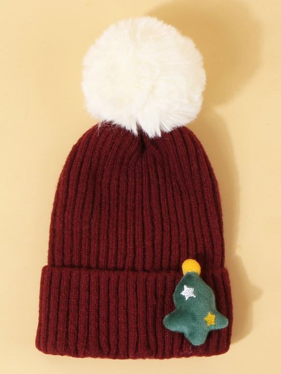 Chapeau Tricoté avec Pompon Motif Sapin de Noël - Rouge Vineux 