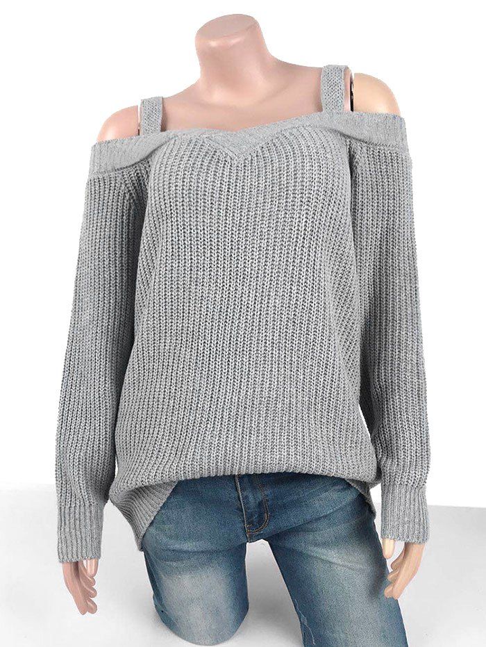 Plus Size Cold Shoulder Chunky Sweater - LIGHT GRAY L