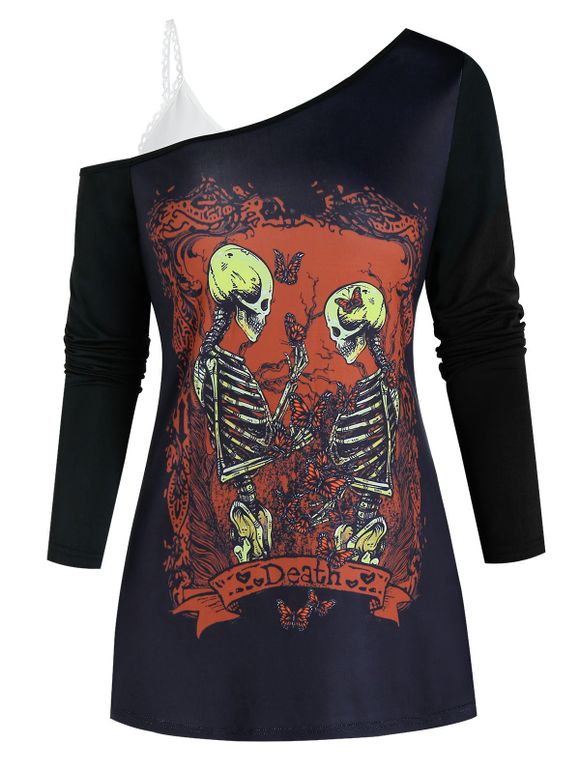 T-shirt Gothique Graphique Squelette à Epaule Dénudée Deux Pièces - Noir 3XL