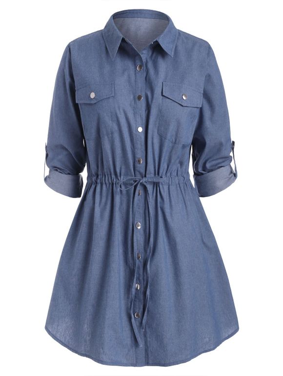 Robe Chemise avec Bouton-Pression à Manches Roulées Grande Taille en Vichy - Bleu 2X