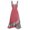 Robe d'Eté Mi-Mollet à Bretelle Superposée en Blocs de Couleurs à Volants - Corail Léger S