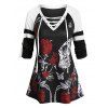 T-shirt d'Halloween Squelette Fleur Imprimée à Manches Raglan à Lacets - Noir 2XL