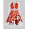 Robe Mi-Longue à Manches en Dentelle à Imprimé Élan et Père-Noël de Grande Taille - Rouge Rubis 5X