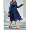 Robe Plissée à Demi-Bouton en Dentelle Insérée Grande-Taille - Bleu profond L
