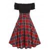 Robe à Carreaux à Imprimé Epaule Dénudée avec Double Poches - Rouge Cerise M