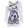 T-shirt à Imprimé Fleuri Crâne Croisé au Dos à Epaule Dénudée Fausse Deux Pièces - Blanc M