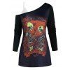 T-shirt Gothique Graphique Squelette à Epaule Dénudée Deux Pièces - Noir M