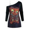 T-shirt Gothique Graphique Squelette à Epaule Dénudée Deux Pièces - Noir L