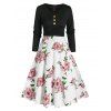 Robe Mini Ligne A à Imprimé Fleurie à Taille Haute avec Bouton 2 en 1 - Noir S
