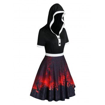 

Plus Size Halloween Printed Hooded Fit and Flare Dress, Black