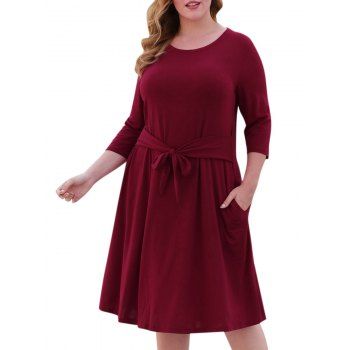 

Seam Pockets Tie Waist Plus Size Casual Dress, Deep red