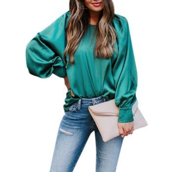 

Solid Lantern Sleeve Satin Blouse, Green