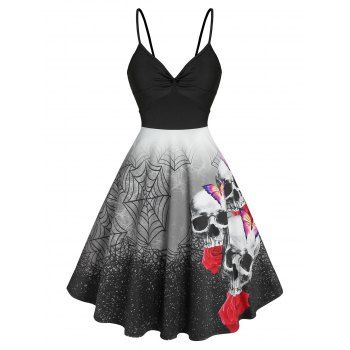 

Halloween Ruched Spider Web Skull Print Flare Dress, Black