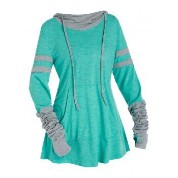 

Hooded Kangaroo Pocket Ruched Contrast Heathered T-shirt, Light aquamarine