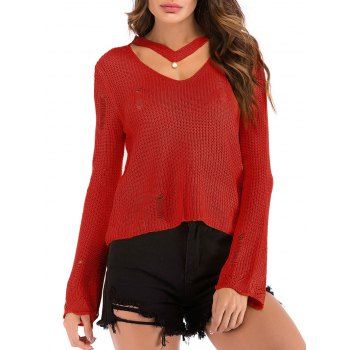 

Beading Choker Ripped Bell Sleeve Sweater, Red