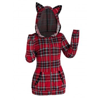 Image of Plaid Print Kangaroo Pocket Cat Ear Hooded Jacket