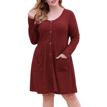 

Button Up Dual Pocket Textured Plus Size Dress, Deep red