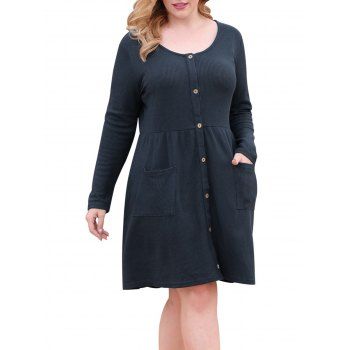 

Button Up Dual Pocket Textured Plus Size Dress, Blue